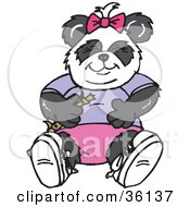 Friendly Female Panda Wearing Clothes And Holding Bamboo