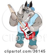 Clipart Illustration Of A Casual Musician Rhino Playing An Electric Guitar by Dennis Holmes Designs