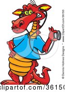 Poster, Art Print Of Red Doctor Dragon In A Blue Shirt Holding A Stethoscope To An Invisible Item