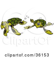 Clipart Illustration Of Two Happy Green Sea Turtles Swimming Underwater by Dennis Holmes Designs