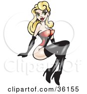 Clipart Illustration Of A Sexy Blond Bombshell Pinup Girl In A Red Bodice Black Gloves And Boots by Dennis Holmes Designs