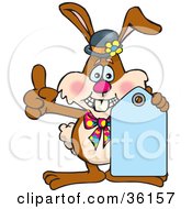 Poster, Art Print Of Bunny Rabbit In A Hat Holding Up A Blank Blue Price Tag