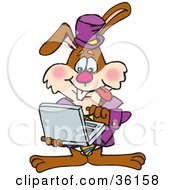 Clipart Illustration Of A Bunny Rabbit Standing And Using A Laptop Computer by Dennis Holmes Designs