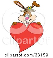 Clipart Illustration Of A Bunny Rabbit Holding Up A Big Red Love Heart by Dennis Holmes Designs