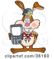 Poster, Art Print Of Bunny Rabbit Holding Up A Calculator Or Cell Phone With A Blank Screen Ready For Your Text
