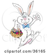 Poster, Art Print Of Waving White Rabbit Hopping Past With Easter Eggs In A Basket