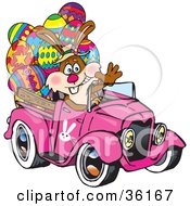 Poster, Art Print Of Bunny Rabbit Waving And Driving A Pink Pickup Truck With Easter Eggs In The Back