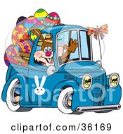 Bunny Rabbit Waving And Driving A Blue Pickup Truck With Easter Eggs In The Back