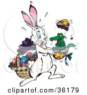 Poster, Art Print Of Alligator Hatching Out Of An Easter Egg Scaring A White Rabbit