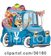 Dog Wearing Bunny Ears Waving And Driving A Blue Pickup Truck With Easter Eggs In The Back