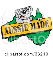 Koala Giving The Thumbs Up On An Aussie Made Sign Over A Map