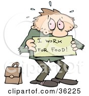 Poster, Art Print Of Stressed And Jobless Caucasian Man Holding A Sign Reading I Work For Food With His Briefcase Behind Him