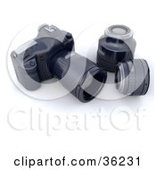 Clipart Illustration Of A Telephoto Lens On A Camera Body Resting Beside Two Other Lenses by KJ Pargeter