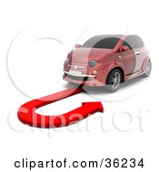 Poster, Art Print Of Red Car Doing A U Turn On A Red Arrow As Instructed By A Gps System