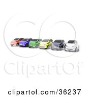 Row Of Six Colorful Cars Lined Up On A Lot