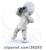 Photographer 3d White Character Leaning Back To Snap A Photo