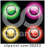 Set Of Four Green Pink Yellow And Red Glowing Shiny Power Buttons Rimmed In Chrome