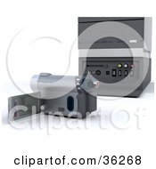 Clipart Illustration Of A Handy Cam Resting Behind A Desktop Computer Tower