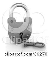 Clipart Illustration Of A 3d Chrome Padlock With A Key Resting With The Lock Secured