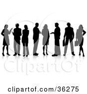 Clipart Illustration Of A Row Of Black Silhouetted Business Men And Women Holding Conversations by KJ Pargeter