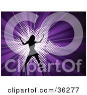 Clipart Illustration Of A Sexy Black Silhouetted Woman Dancing In Front Of A Bursting Purple Background With A White Star
