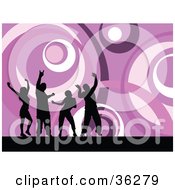 Poster, Art Print Of Four Black Silhouetted Ladies And Guys Dancing Over A Funky Purple Circle Background