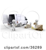 Clipart Illustration Of A Stern White Character Supervisor Watching One Of His Crew Load Shipping Boxes Into A Van by KJ Pargeter