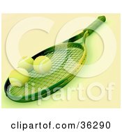 Poster, Art Print Of 3d Tennis Racket With Three Balls On The Net With Green Tones