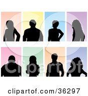 Set Of Eight Silhouetted Gentlemen And Ladies On Colorful Backgrounds Over White