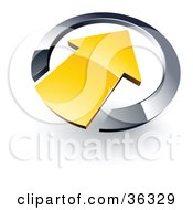 Clipart Illustration Of A Pre Made Logo Of A Yellow Arrow Pointing Inwards In A Chrome Circle