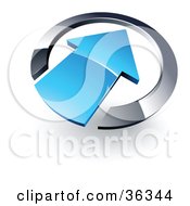 Clipart Illustration Of A Pre Made Logo Of A Blue Arrow Pointing Inwards In A Chrome Circle