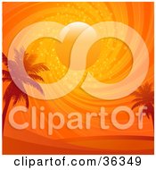 Two Palm Trees Silhouetted Under A Swirling Sparkling Orange Sunset Sky
