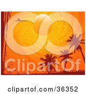 Clipart Illustration Of A Silhouetted Plane Flying In A Magical Swirling Orange Sunset Sky Over Palm Trees Bordered With Grunge by elaineitalia