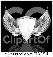 Clipart Illustration Of A Heraldic White Shield With Chrome Wings Over A Reflective Black Background by elaineitalia