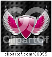 Pink And Chrome Heraldic Winged Shield With A Blank Banner On A Grid Background