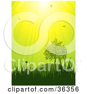 Poster, Art Print Of Birds And Butterflies Above Grasses And Trees Under A Bright Green And Yellow Sky