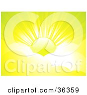 Clipart Illustration Of A Bright Yellow Sun With Beams Of Sunlight Emerging Behind Clouds In A Yellow Sky by elaineitalia