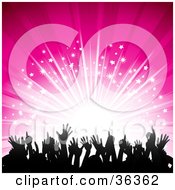 Clipart Illustration Of A Bright Burst Of Light On A Pink Background Silhouetting A Crowd Of Hands by elaineitalia #COLLC36362-0046