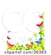 Poster, Art Print Of Border Of Spring Flowers And Colorful Butterflies Over A White Background