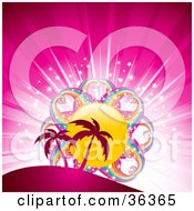 Poster, Art Print Of Palm Trees Silhouetted Against A Bursting Pink Background With A Rainbow Sun
