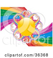 Poster, Art Print Of Sun With Sparkling Rainbow Rays In The Center Of A Rainbow Swirl