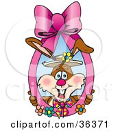 Clipart Illustration Of A Happy Brown Easter Bunny Looking Through A Pink Ribbon With Flowers by Dennis Holmes Designs