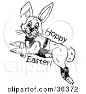 Clipart Illustration Of A Happy Bunny In A Vest Leaping With Hoppy Easter Text