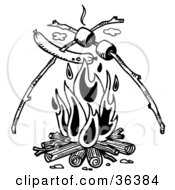 Clipart Illustration Of A Weenie And Marshmallows On Sticks Roasting Over A Camp Fire by LoopyLand