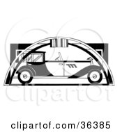 Clipart Illustration Of A Black And White Vintage Automobile Under An Arch