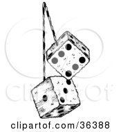 Pair Of Fluffy Dice On A String Hanging From A Rear View Mirror In A Car