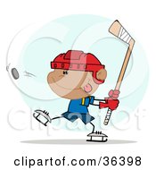 Poster, Art Print Of Athletic Hispanic Boy Preparing To Whack A Hockey Puck