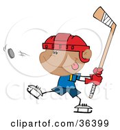 Poster, Art Print Of Boy Sticking His Tongue Out And Hitting A Hockey Puck