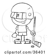 Poster, Art Print Of Black And White Outline Of A Little Boy Playing A Hockey Goalie