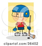 Clipart Illustration Of A Happy Caucasian Hockey Goalie Boy With A Puck And Stick